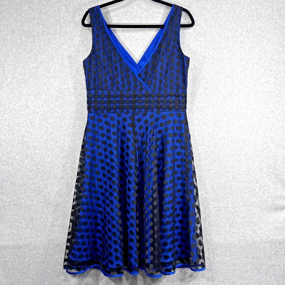 Signature By Robbie Bee Dress Womens 12 Blue Black Polka Dot Mesh Overlay Party - Picture 1 of 16